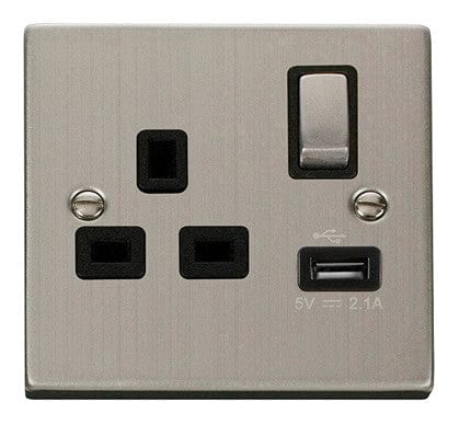 Stainless Steel 1 Gang 13A DP Ingot 1 USB Switched Plug Socket - Black Trim