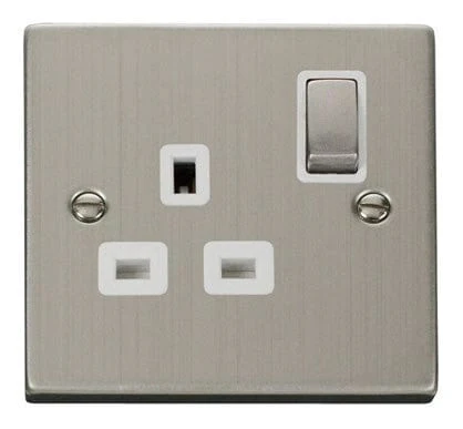 Stainless Steel 1 Gang 13A DP Ingot Switched Plug Socket - White Trim