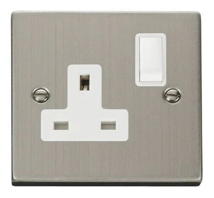 Stainless Steel 1 Gang 13A DP Switched Plug Socket - White Trim