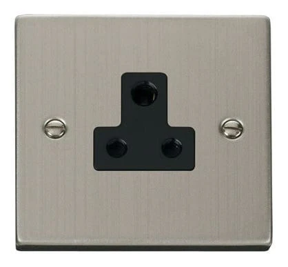 Stainless Steel 1 Gang 5A Round Pin Socket - Black Trim