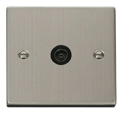 Stainless Steel 1 Gang Single Coaxial TV Socket - Black Trim