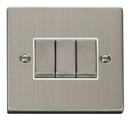 Stainless Steel 10A 3 Gang 2 Way Ingot Light Switch - White Trim