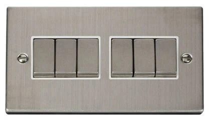 Stainless Steel 10A 6 Gang 2 Way Ingot Light Switch - White Trim
