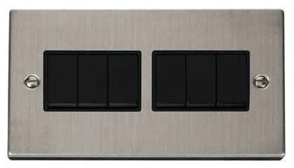 Stainless Steel 10A 6 Gang 2 Way Light Switch - Black Trim