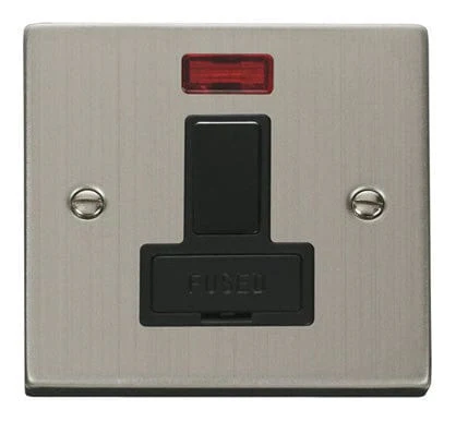 Stainless Steel 13A Fused Connection Unit Switched With Neon - Black Trim