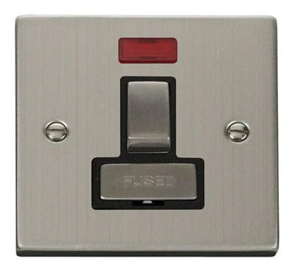 Stainless Steel 13A Fused Ingot Connection Unit Switched With Neon - Black Trim