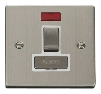 Stainless Steel 13A Fused Ingot Connection Unit Switched With Neon - White Trim