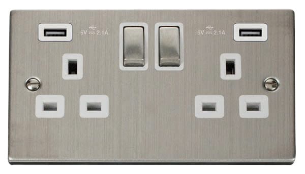 Stainless Steel 2 Gang 13A DP Ingot 2 USB Twin Double Switched Plug Socket - White Trim
