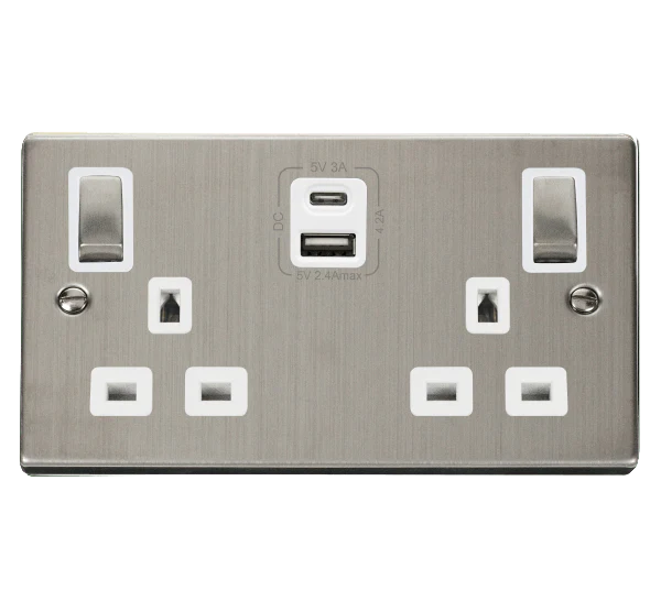 Stainless Steel 2 Gang 13A DP Ingot Type A & C USB Twin Double Switched Plug Socket - White Trim