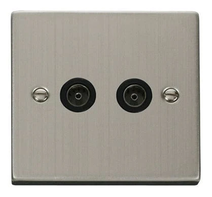 Stainless Steel 2 Gang Twin Coaxial TV Socket - Black Trim