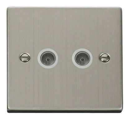 Stainless Steel 2 Gang Twin Coaxial TV Socket - White Trim