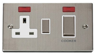 Stainless Steel Cooker Control Ingot 45A With 13A Switched Plug Socket & 2 Neons - White Trim