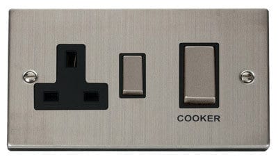 Stainless Steel Cooker Control Ingot 45A With 13A Switched Plug Socket - Black Trim