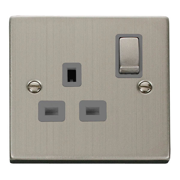 Stainless Steel 1 Gang 13A DP Ingot Switched Plug Socket - Grey Trim