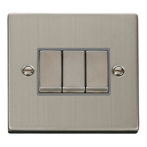 Stainless Steel 10A 3 Gang 2 Way Ingot Light Switch - Grey Trim