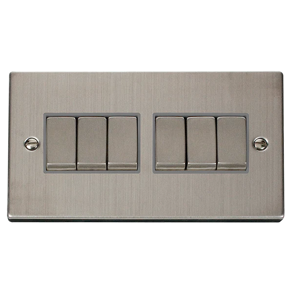 Stainless Steel 10A 6 Gang 2 Way Ingot Light Switch - Grey Trim