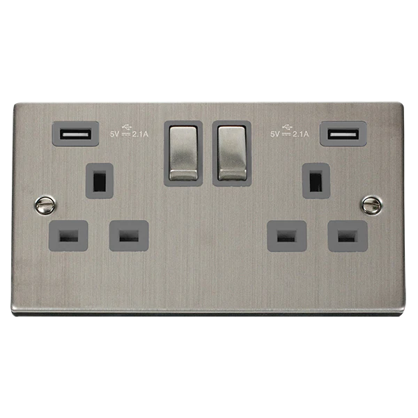 Stainless Steel 2 Gang 13A DP Ingot 2 USB Twin Double Switched Plug Socket - Grey Trim
