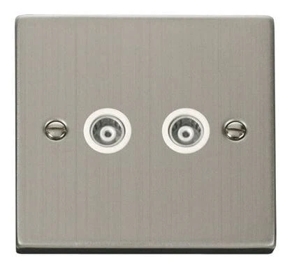 Stainless Steel Twin Isolated Coaxial Socket - White Trim