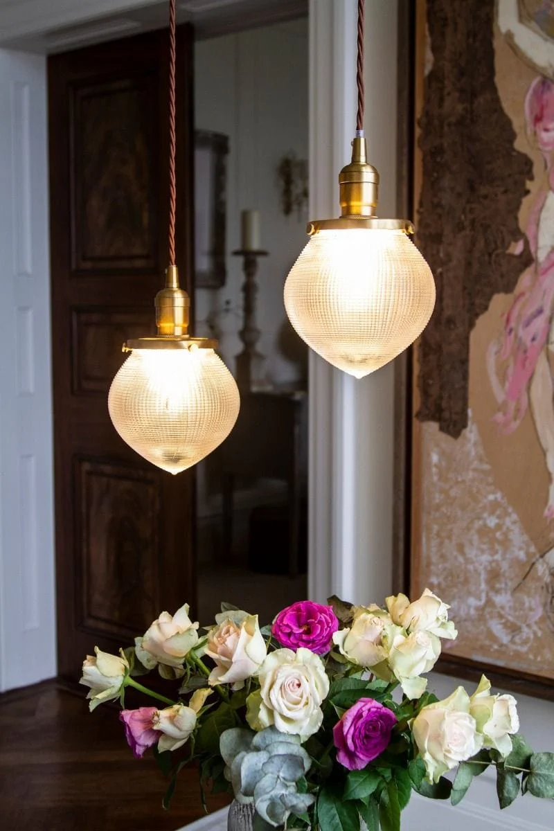 The Hollen Acorn Lacquered Antique Brass Prismatic Glass Style Pendant Light - Image 2