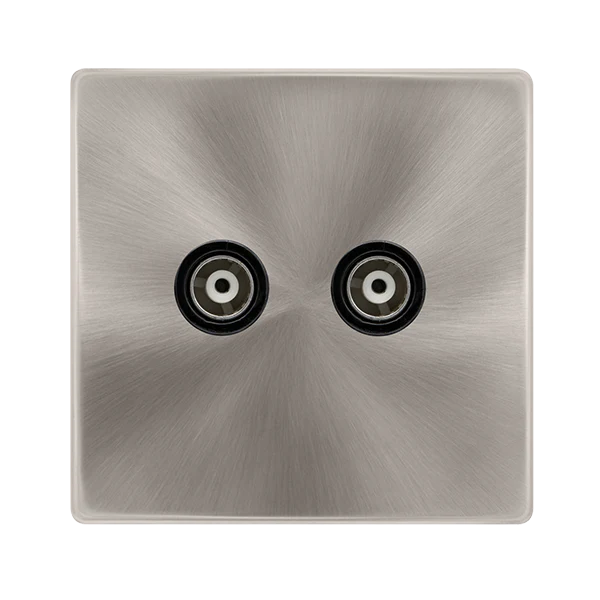 Screwless Plate Brushed Steel Twin Isolated Coaxial Outlet - Black Trim