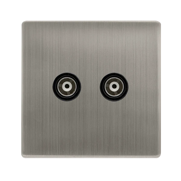 Screwless Plate Stainless Steel Twin Isolated Coaxial Outlet - Black Trim