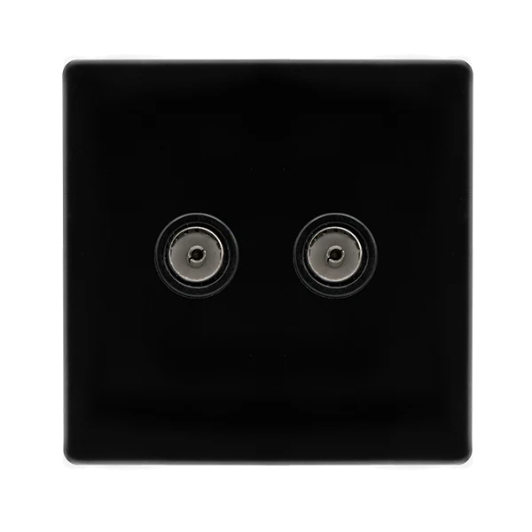 Screwless Plate Black Metal Twin Non-Isolated Coaxial Outlet - Black Trim