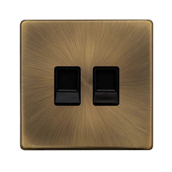 Screwless Plate Antique Brass Twin Telephone Secondary Outlet - Black Trim