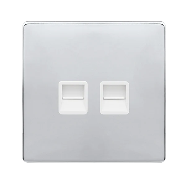Screwless Plate Polished Chrome Twin Telephone Secondary Outlet - White Trim