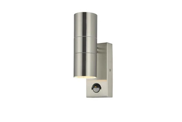 Zinc Leto Stainless Steel GU10 2 Light Up & Down Wall Fitting with PIR